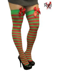 Swedia's Christmas & New Year Red And Green Stripe Thigh High Stocking W/Red Bow
