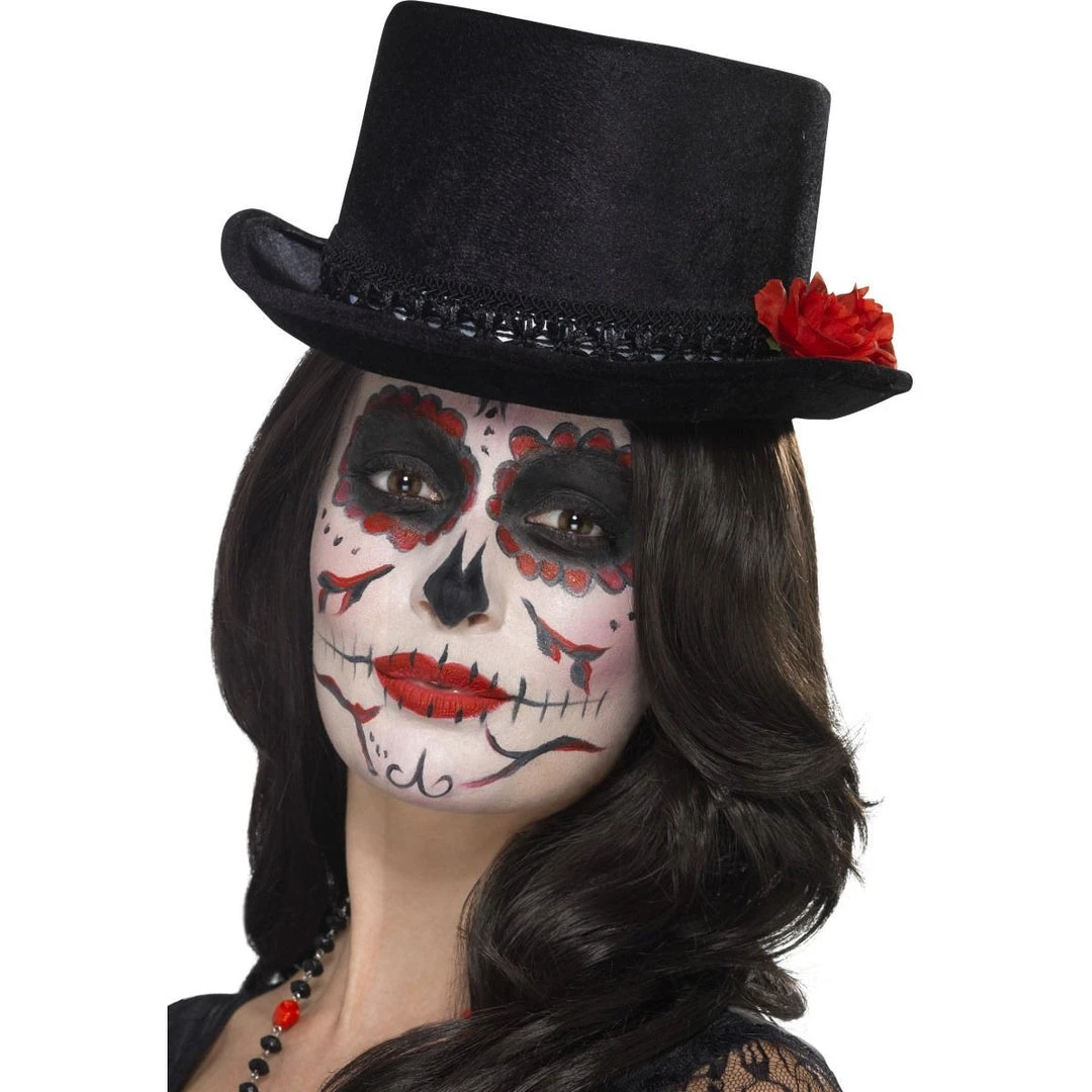 Smiffys Day Of The Dead Top Hat, Black With Roses 1 Smiffys Day Of The Dead Top Hat, Black With Roses