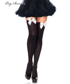 Tomfoolery Black Thigh Highs With White Bow Hosiery