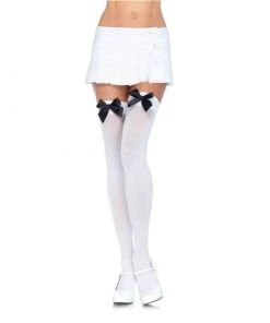 Tomfoolery White Thigh Highs With Black Bow