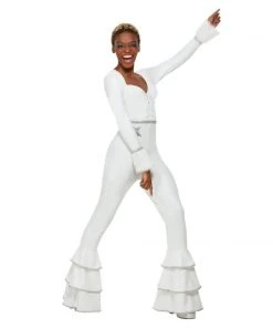 Smiffys 70s Deluxe Glam Jumpsuit Costume - White Ladiesc