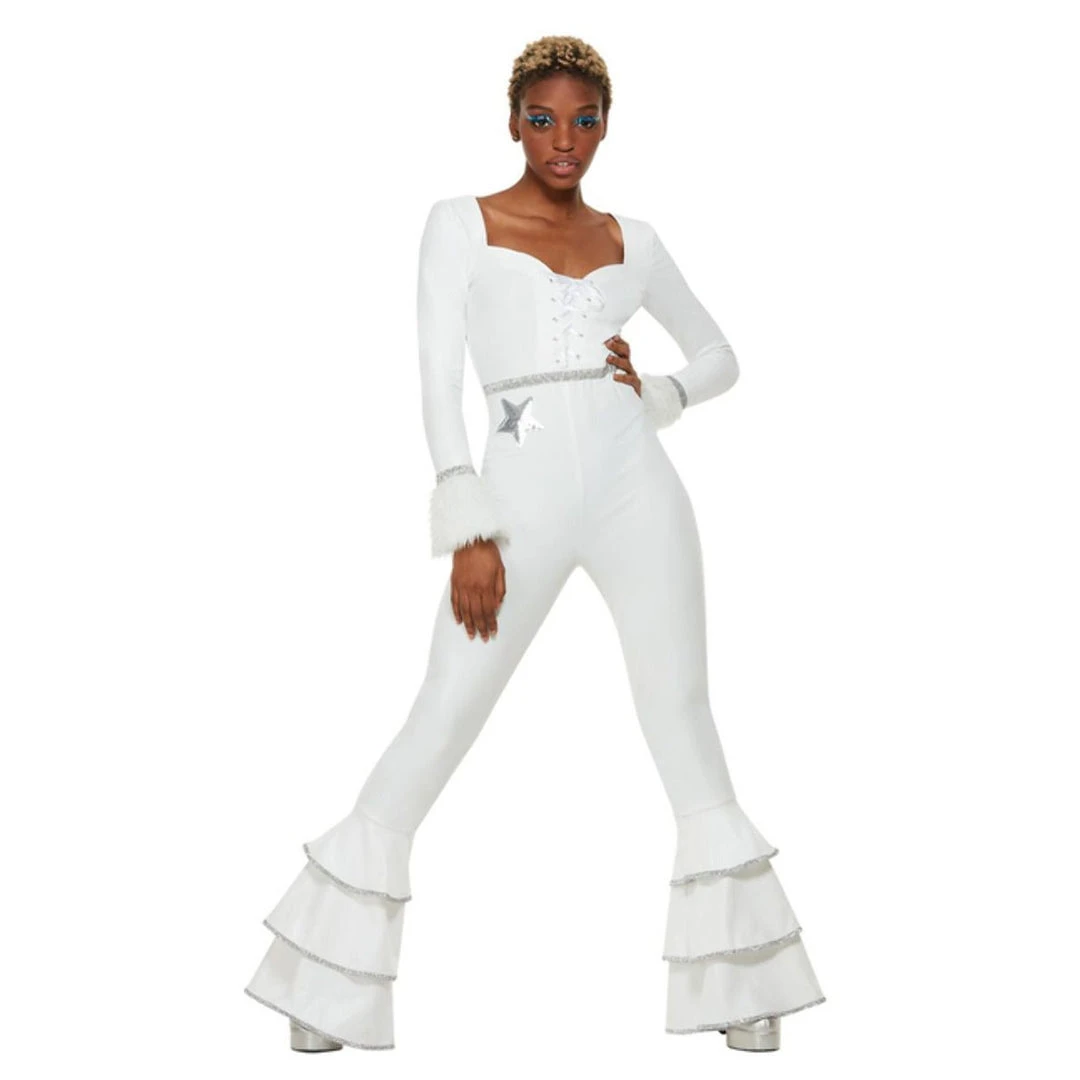 Smiffys 70s Deluxe Glam Jumpsuit Costume - White Ladiesc 2 Smiffys 70s Deluxe Glam Jumpsuit Costume - White Ladiesc