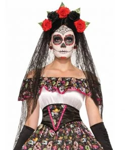M Distribution Pty Ltd Day Of The Dead Black Veil With Floral Headband Hats & Headwear