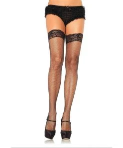 Tomfoolery Hosiery Black Queen Size Stay Up Lycra Fishnet With Lace Top Thigh High