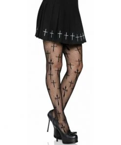 Tomfoolery Worship Me Cross Net Tights - Plus Size