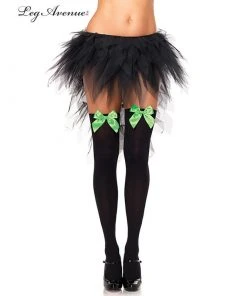 Tomfoolery Black Thigh Highs With Neon Green Bows Hosiery