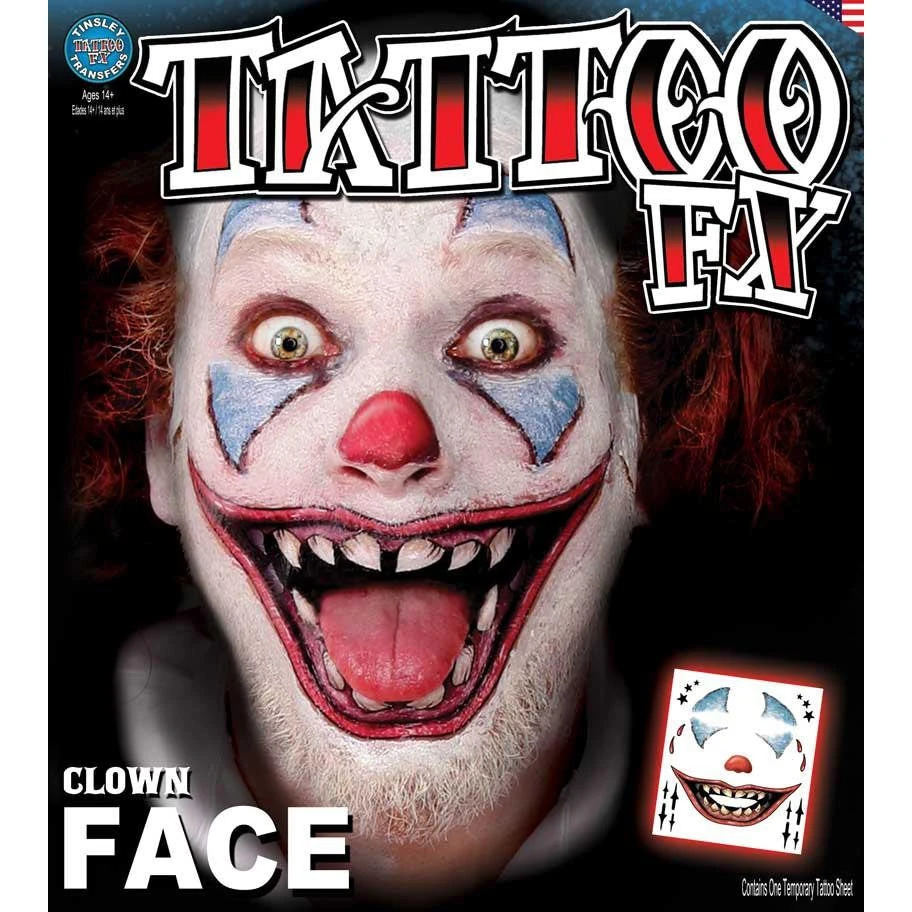 Carnival Products Tinsley FX Full Face Temp Tattoo - Clown Face 1 Carnival Products Tinsley FX Full Face Temp Tattoo - Clown Face