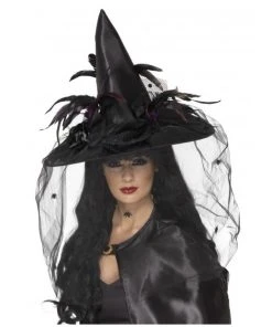 Smiffys Hats & Headwear Witch Hat - Black With Feathers And Netting