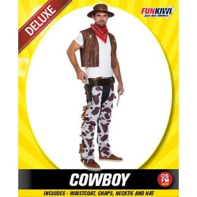 Allen Trading Mensc Cowboy Adult Costume With Cow Print Chaps & Vest 1 Allen Trading Mensc Cowboy Adult Costume With Cow Print Chaps & Vest