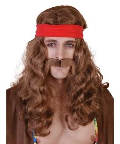 Tomfoolery Lennon Long Brown Wavy Wig, Mo And Headband 1960's