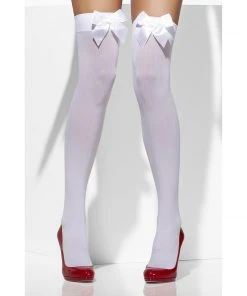 Smiffys White Opaque Hold Ups With White Bows